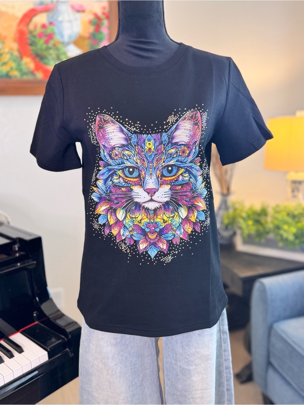 Cat Graphic T‑Shirt with Rhinestones